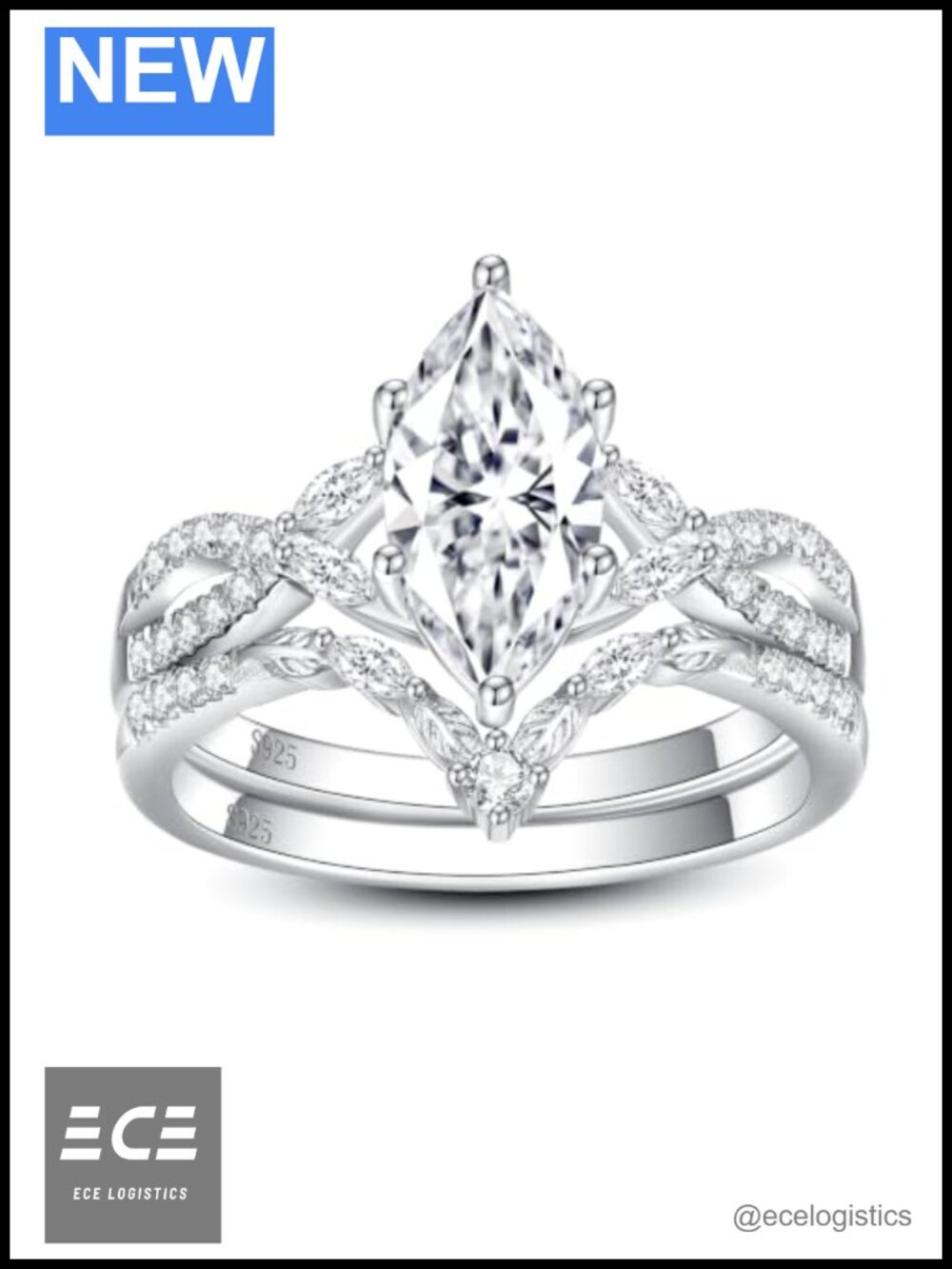 2.6 CTTW Moissanite Bridal Set Marquise Engagement Ring & Curved Band 925